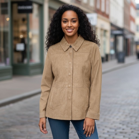Bernardo Women's Tan Suede Leather Snap Button Down Jacket Size Petite S… - Picture 1 of 16